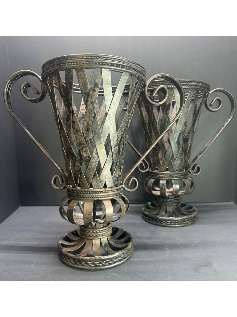 Vtg Decorative Urn Open Vase Aged Metal Finish Bold Large 12” Tall Set of 2